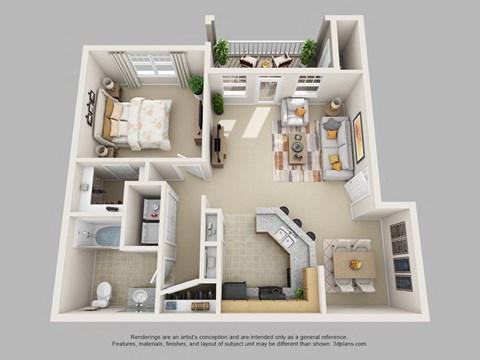 Floor plan for 1 bed, 1 bath, 865 sqft